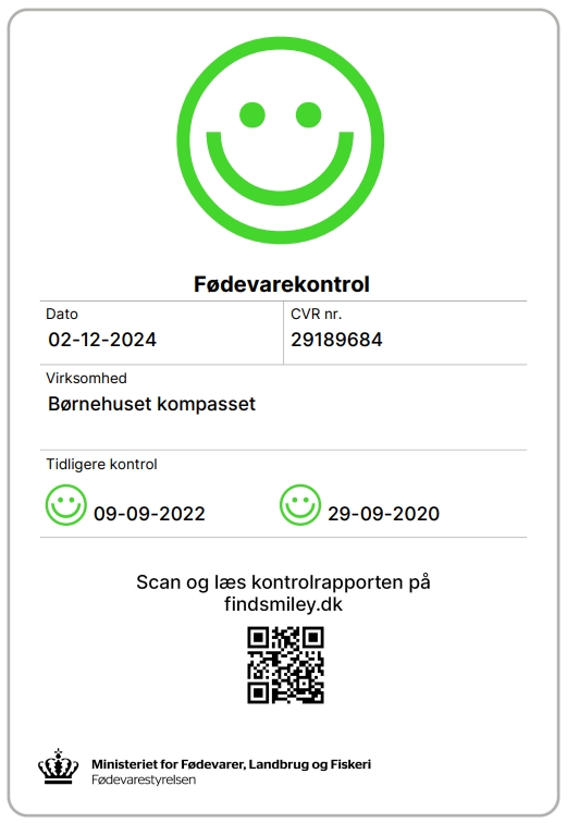 Billede af kontrolrapport for seneste 3 besøg. Rapporten viser en glad smiley fra seneste besøg d. 2. december 2024.